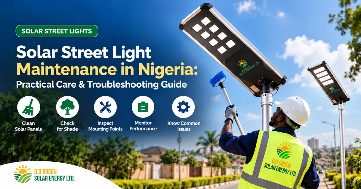 Solar street light maintenance in Nigeria showing a technician preparing to inspect an integrated solar street light on a residential road.