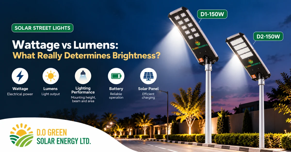 D1-150W and D2-150W all-in-one solar street lights illustrating wattage, lumens and lighting performance.