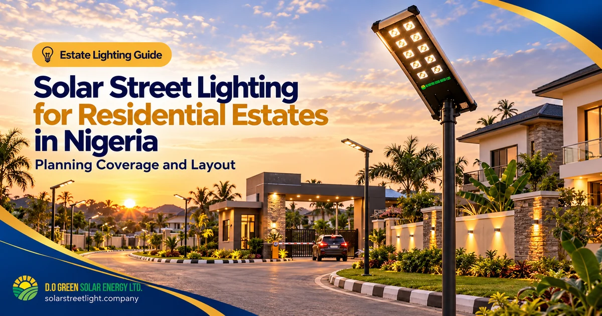 All-in-one solar street lights along the entrance road and gatehouse of a modern residential estate in Nigeria at sunset.