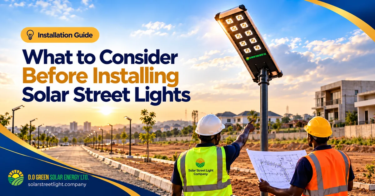 Illustration of two workers planning an all-in-one solar street light installation at a developing residential estate in Nigeria.