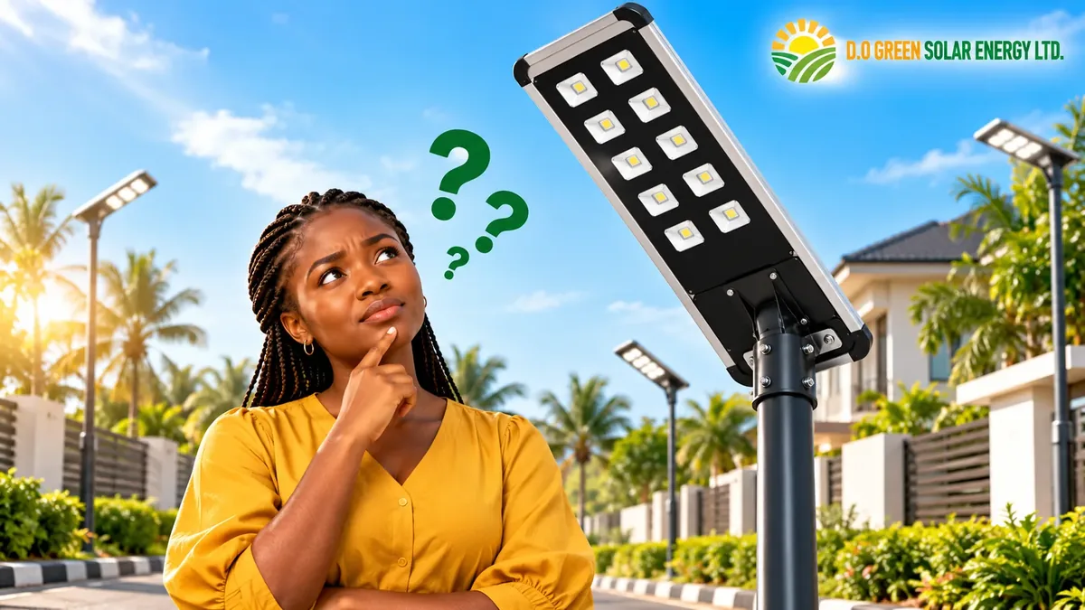 African woman with a thoughtful expression beside an all-in-one solar street light, with question marks and D.O Green Solar Energy Ltd. branding.