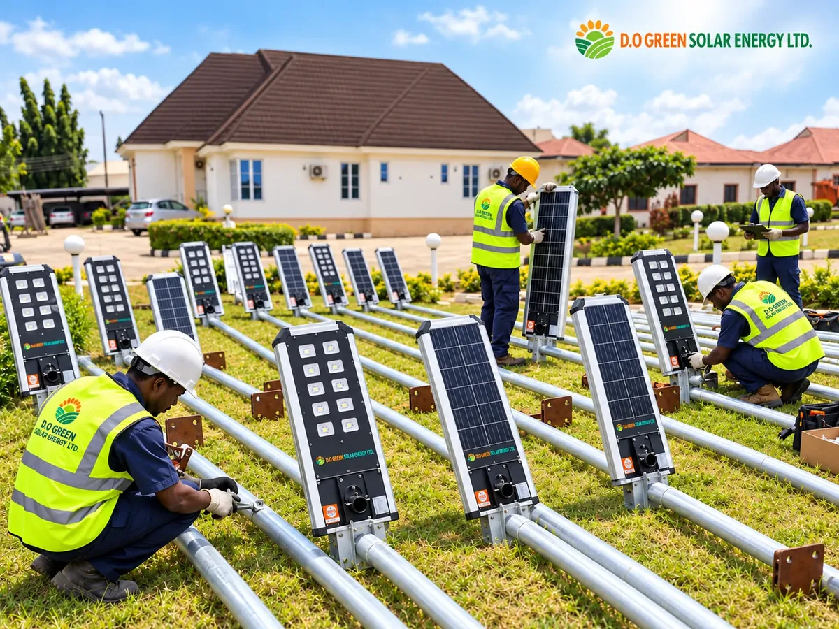 Solar street light installation team preparing D1 and D2 lighting units on galvanized poles in Nigeria.