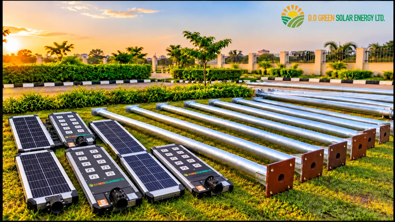 Integrated solar street lights and galvanized steel street light poles displayed outdoors in Nigeria.