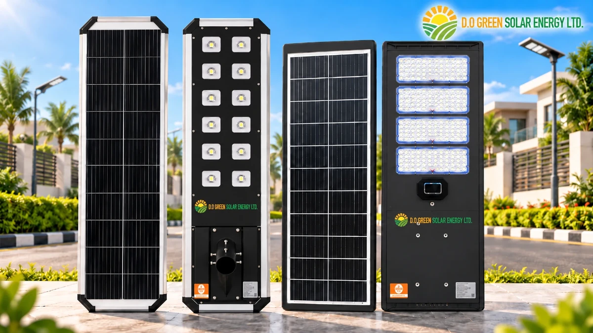 D1-150W and D2-150W all-in-one solar street lights showing LED and solar panel views