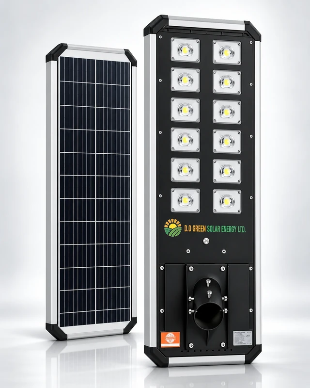 D1-150W integrated solar street light showing LED and solar panel views