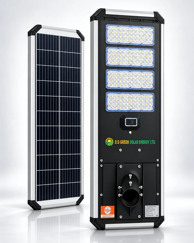 D2-150W integrated solar street light showing LED and solar panel views