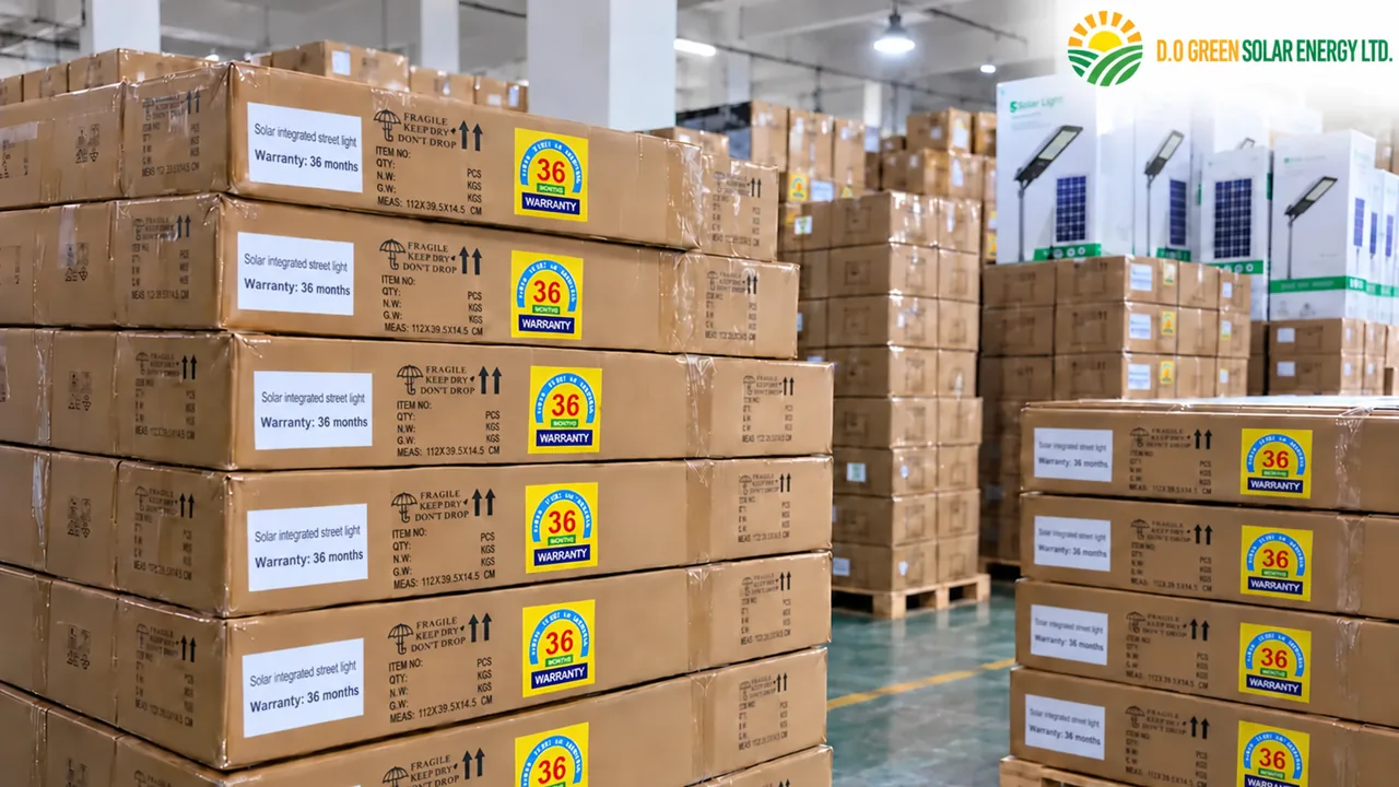 Branded cartons of integrated solar street lights with 36-month warranty labels stacked on pallets for wholesale supply.