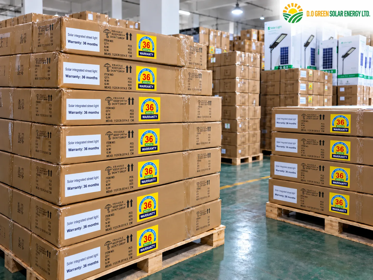 Bulk cartons of integrated solar street lights stacked in a warehouse for wholesale supply.