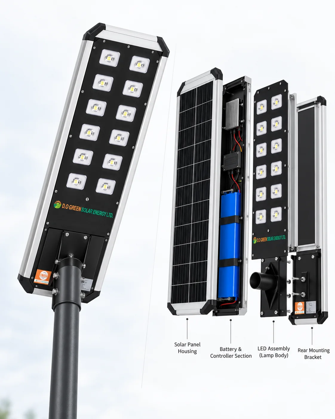 D1-150W all-in-one solar street light, illustrative exploded product view showing the solar panel, battery and controller, LED assembly and mounting bracket