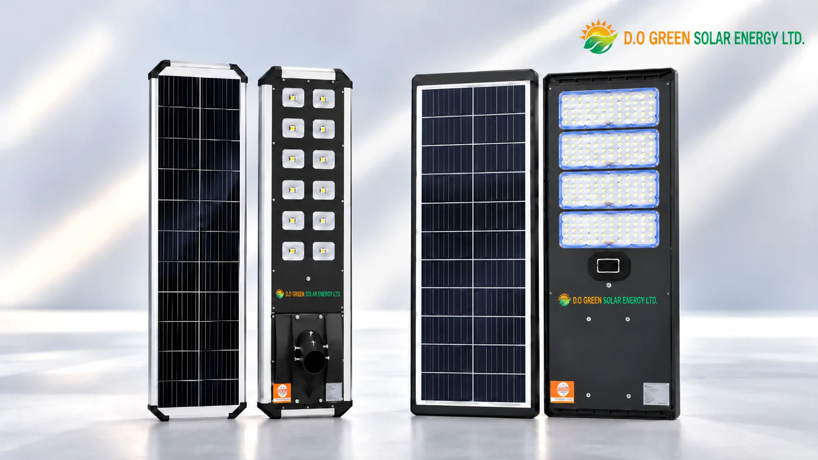 D1 and D2 all-in-one solar street lights shown in a studio product display with solar panel and LED sides